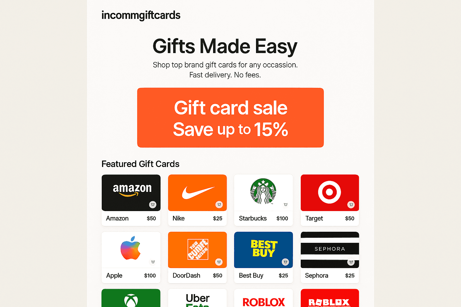 incommgiftcards.com website mockup